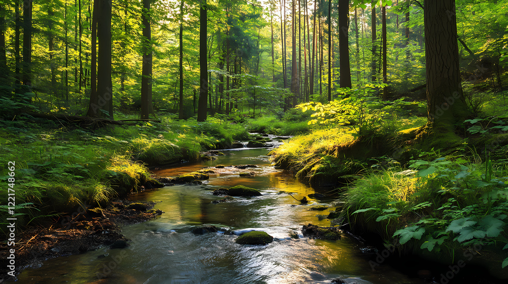 Obraz premium A serene forest glade with tranquil stream surrounded by lush greenery. Serene Glade. Illustration