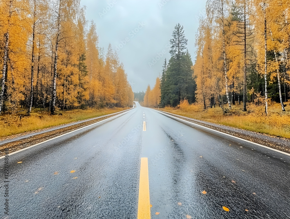 Fototapeta premium Autumn road, rain, yellow trees, forest