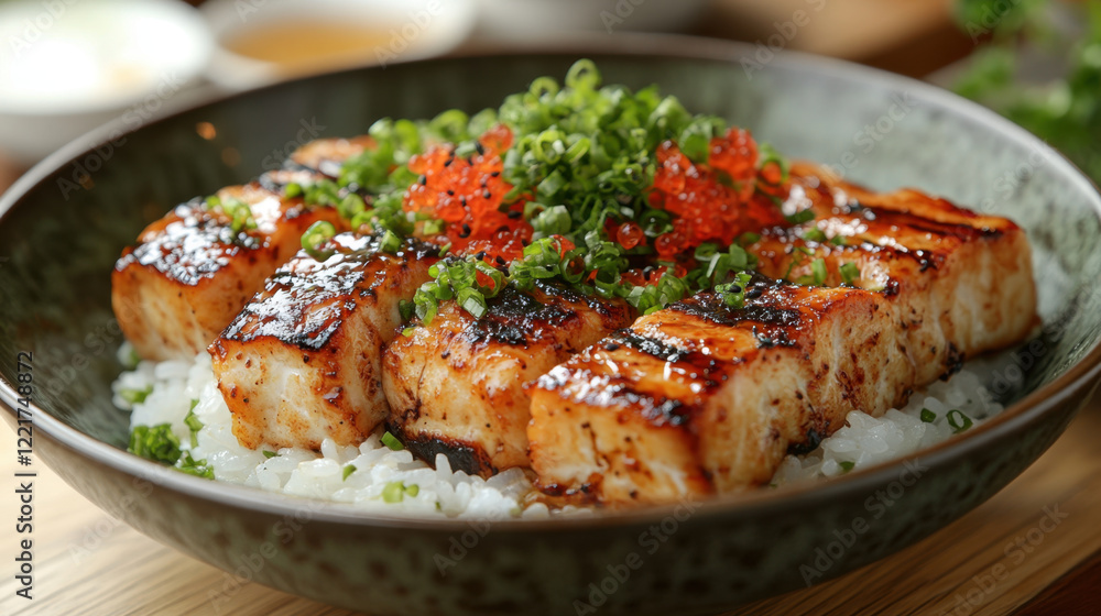 Grilled saba on rice topped with green onions and fish roe, served in dark green bowl, showcasing delicious Japanese dish Grilled saba on rice topped with green onions and fish roe, served in dark green bowl, showcasing delicious Japanese dish
