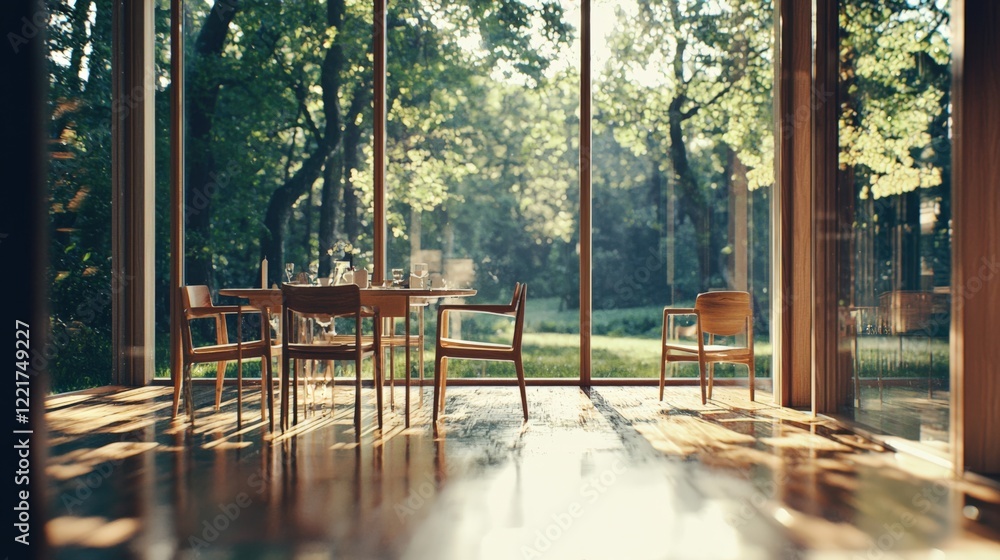 Fototapeta premium Sunlit Modern Dining Space with Nature Views
