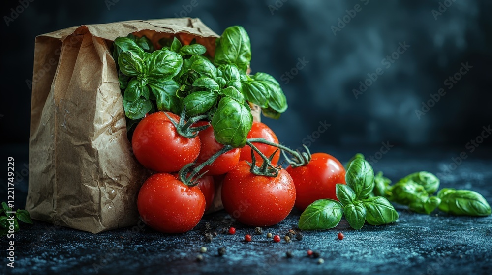 Fresh Tomatoes and Basil in Rustic Bag Fresh Tomatoes and Basil in Rustic Bag