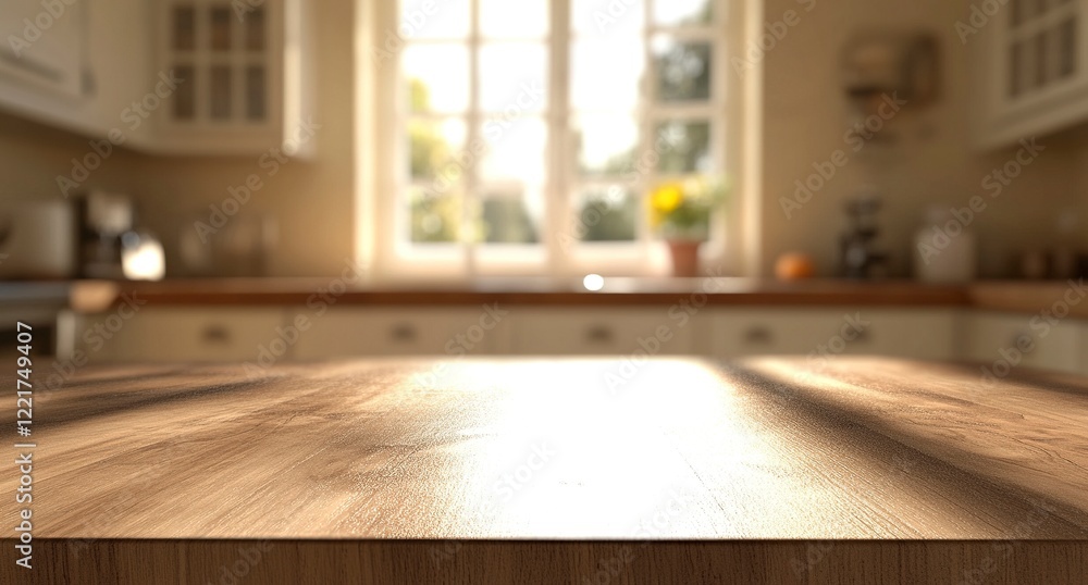 Fototapeta premium Blurred kitchen background with an empty wooden table for product display, focus on the center of with generative ai