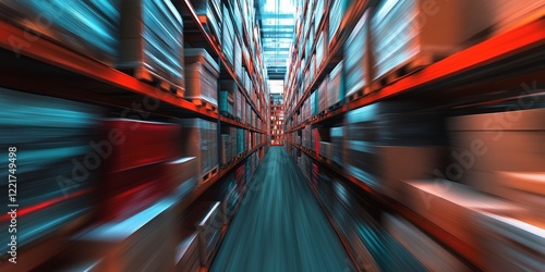 blurred view of warehouse aisle with shelves full of boxes  - ai