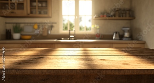 Blurred kitchen background with an empty wooden table for product display, focus on the center of with generative ai