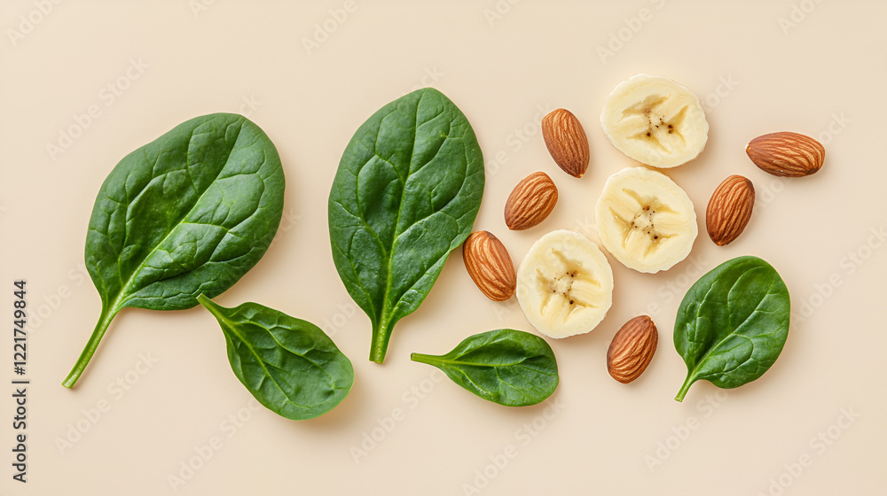 Obraz premium Healthy eating: Spinach, banana slices, and almonds arranged on a beige background.