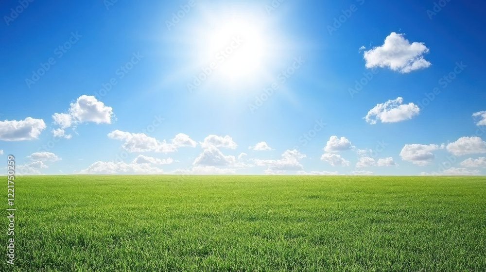 Bright Sunny Dayover Lush Green Grassland under Clear Blue Sky Bright Sunny Dayover Lush Green Grassland under Clear Blue Sky