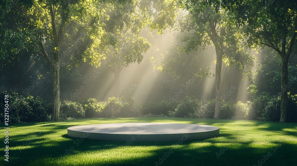 A podium placed on a lush, green lawn, with tall trees and soft light filtering through the leaves, creating a natural and peaceful setting A podium placed on a lush, green lawn, with tall trees and soft light filtering through the leaves, creating a natural and peaceful setting