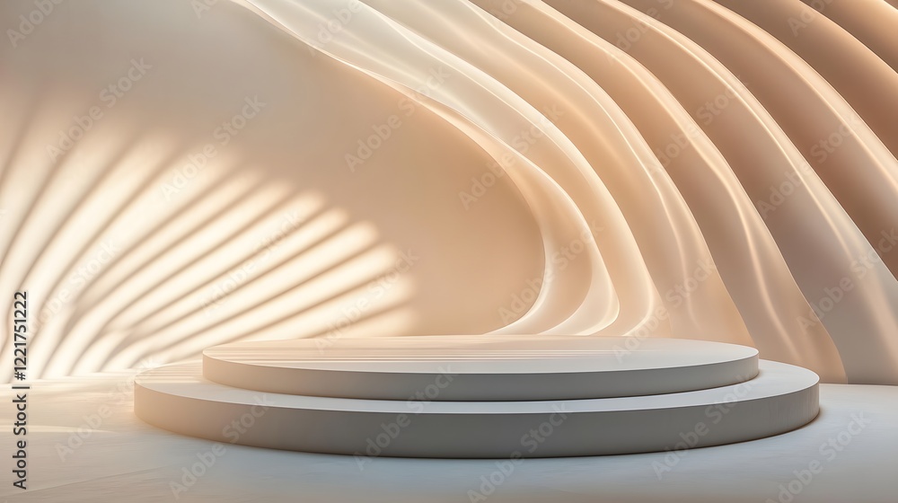Obraz premium A podium on a bright white stage, bathed in soft light with an abstract light pattern as the backdrop, creating a dynamic yet minimalist environment