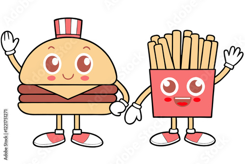 Cute Happy Burger and French Fries Cartoon Characters