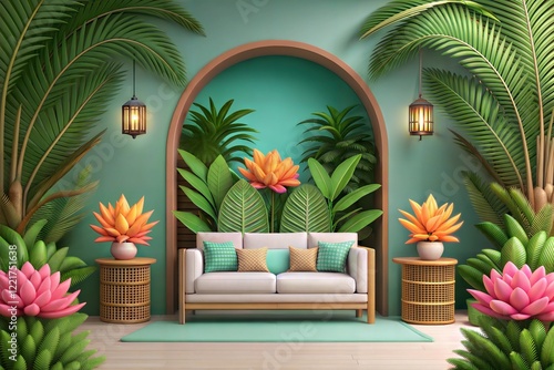  3D render imageBotanical interior - Tropical design living room  photo