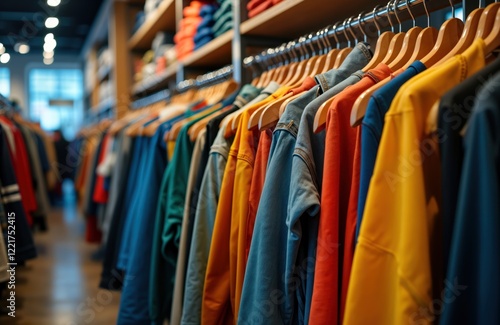 Wallpaper Mural Colorful clothes hang on racks in bright store. Trendy street style apparel. Variety of colors, styles. Retail shop displaying garments. Stylish fashion pieces in trendy boutique. Customers find Torontodigital.ca