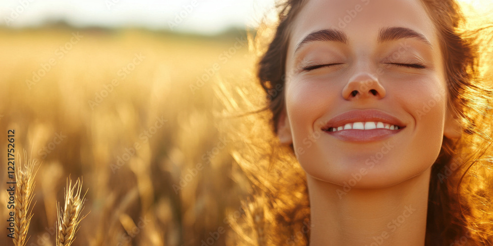 Calm happy smiling woman with closed eyes in golden wheat field, enjoying warmth of sun and nature beauty Calm happy smiling woman with closed eyes in golden wheat field, enjoying warmth of sun and nature beauty