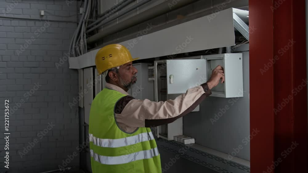 Medium full lockdown shot of African American male factory engineer in yellow vest, uniform, hardhat walking up to electrical supply panel, flipping switch and turning on lights in warehouse