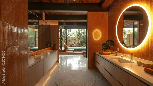 A mid-century modern bathroom with floating vanities and a circular mirror, featuring touchless lighting controls photo