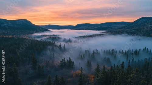 Breathtaking drone photography captures untouched wilderness at sunrise, showcasing misty valleys and dense forests. serene landscape evokes sense of tranquility and awe