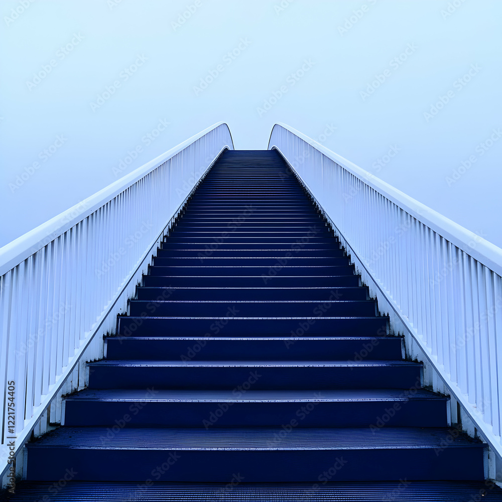 Blue stairs ascend to foggy sky; success Blue stairs ascend to foggy sky; success