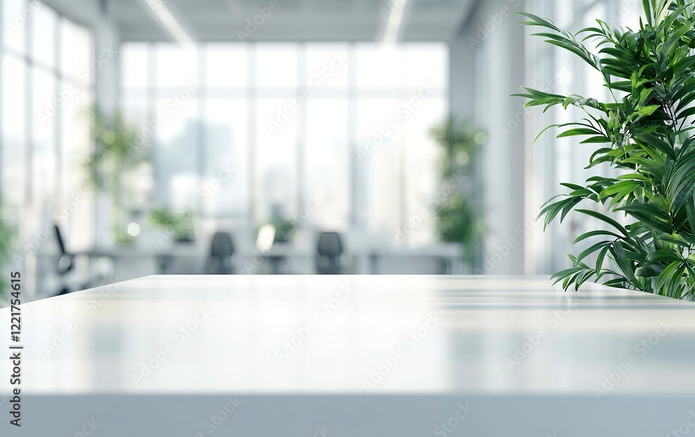 Fototapeta premium Blurred office interior background with a white table for product display montage, a blurred modern with generative ai