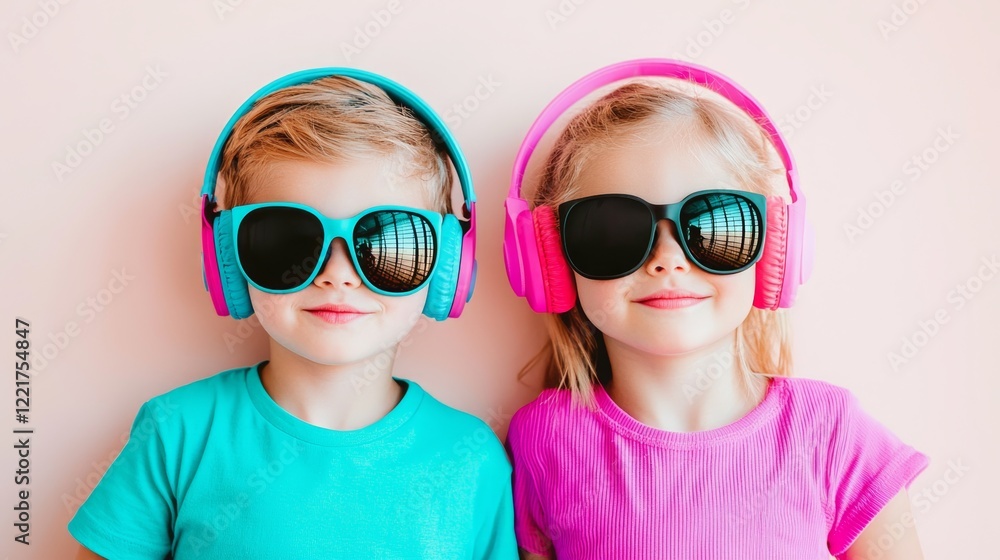 Siblings Enjoying Music Together in Stylish Sunglasses and Headphones Against a Pink Background Siblings Enjoying Music Together in Stylish Sunglasses and Headphones Against a Pink Background