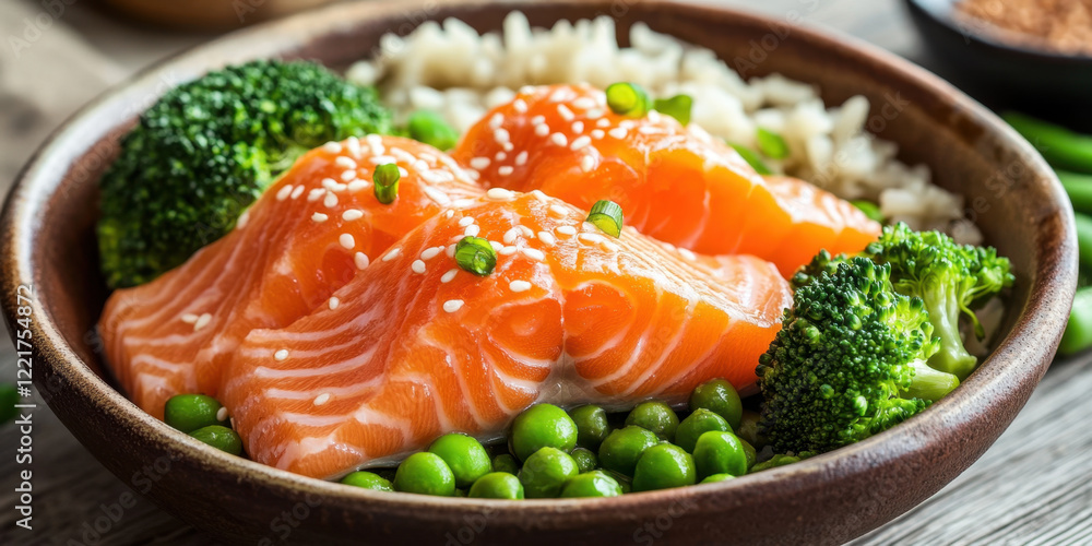 Delicious flaked salmon served with brown rice, green peas, and broccoli, garnished with sesame seeds and green onions, creating healthy and vibrant meal Delicious flaked salmon served with brown rice, green peas, and broccoli, garnished with sesame seeds and green onions, creating healthy and vibrant meal