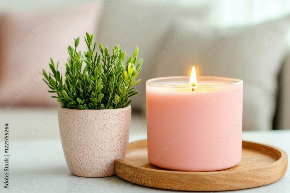 Tranquil Home Setting Pink Scented Candle Lit with Green Plant on Wooden Tray Tranquil Home Setting Pink Scented Candle Lit with Green Plant on Wooden Tray