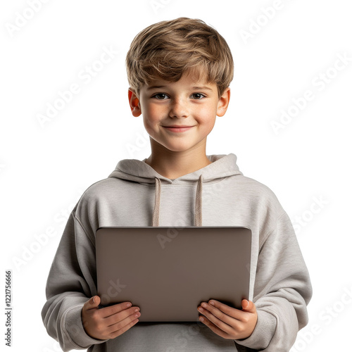 Portrait of smiling Caucasian boy 11-12 years old in casual clothes with laptop in hands, isolate on white transparent background
