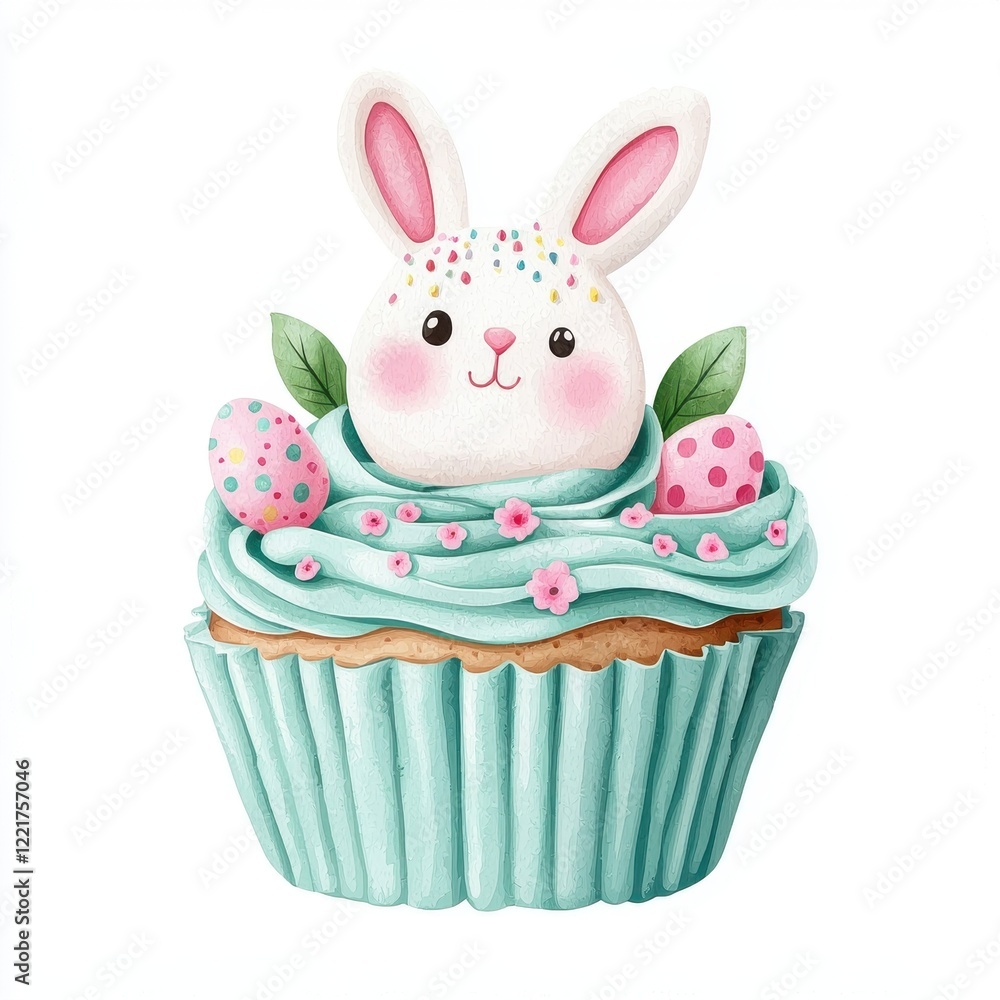 Adorable Easter Bunny Cupcake with Pastel Frosting Eggs and Spring Leaves Adorable Easter Bunny Cupcake with Pastel Frosting Eggs and Spring Leaves