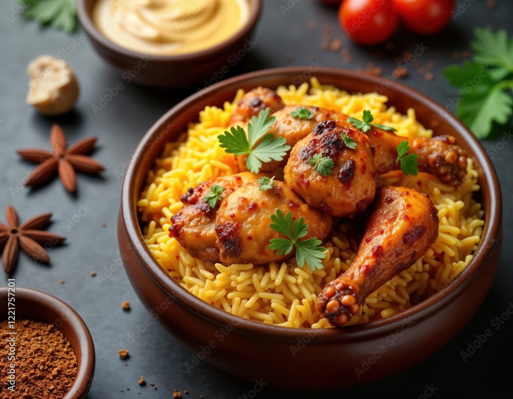 Delicious Indian Biryani dish served in bowl. Chicken pieces cooked with aromatic spices served over bed of fluffy basmati rice. Fresh herbs add color, flavor to traditional Asian meal. Restaurant Delicious Indian Biryani dish served in bowl. Chicken pieces cooked with aromatic spices served over bed of fluffy basmati rice. Fresh herbs add color, flavor to traditional Asian meal. Restaurant