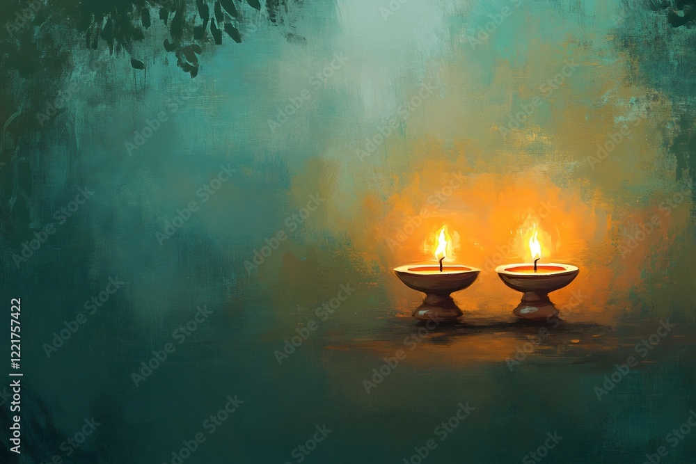 Oil painting of traditional Diyas background with copy space, creating serene and spiritual atmosphere for India and Hinduism celebration design Oil painting of traditional Diyas background with copy space, creating serene and spiritual atmosphere for India and Hinduism celebration design