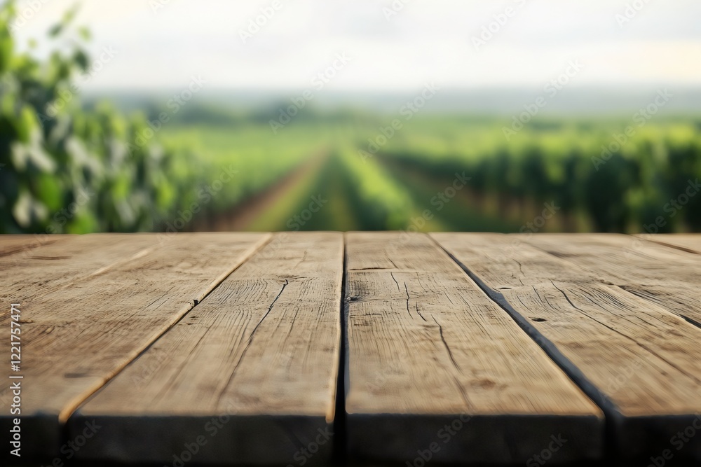 Empty wooden table top with blurred farm landscape background with empty space for product placement and display Empty wooden table top with blurred farm landscape background with empty space for product placement and display