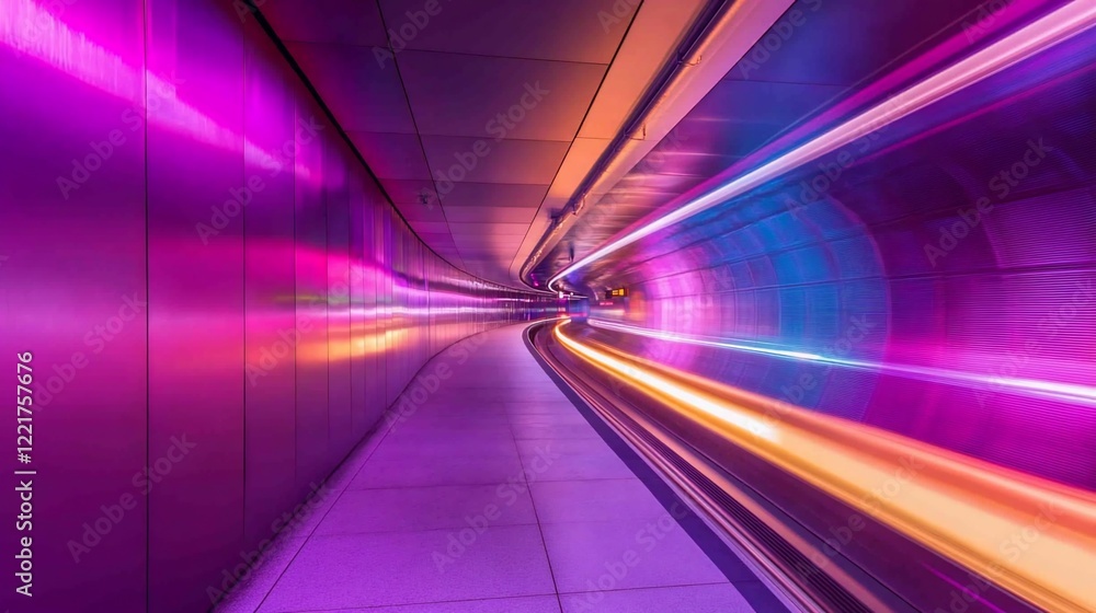 Long exposure of a train inside the purple color tunnel with blur light trails Long exposure of a train inside the purple color tunnel with blur light trails