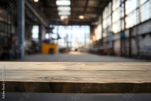 Wallpaper Mural Empty wooden table top with blurred warehouse background with blank space for product placement, display and mock up design Torontodigital.ca