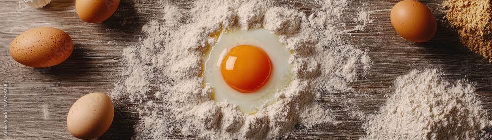 Fresh Eggs Flour and Cracked Yolk on Rustic Wooden Surface for Baking Fresh Eggs Flour and Cracked Yolk on Rustic Wooden Surface for Baking