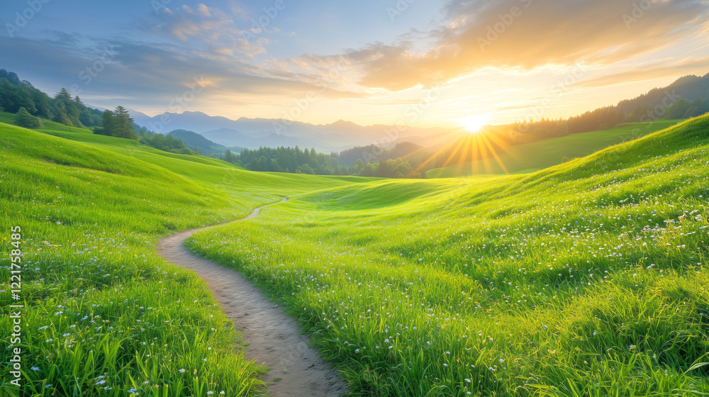 Fototapeta premium Sunrise over green hills with a winding path in nature