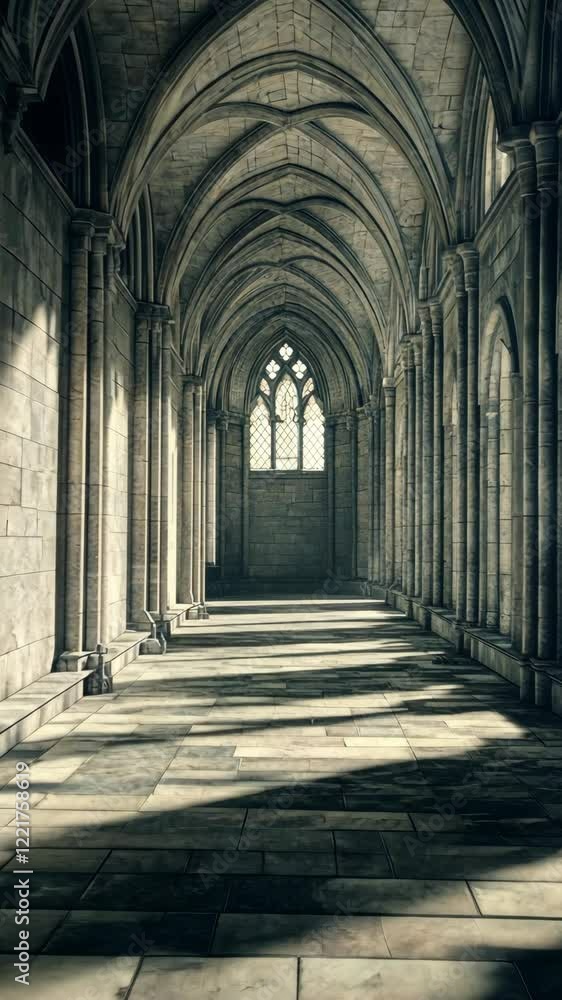 Intricate architecture of a stone corridor illuminated by soft sunlight in an ancient building Intricate architecture of a stone corridor illuminated by soft sunlight in an ancient building