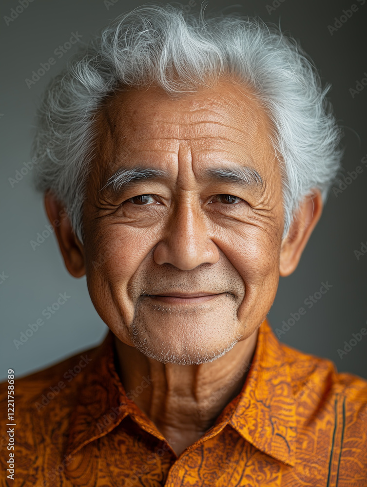 Obraz premium The Wisdom in a Smile: A close-up portrait of an elderly Asian man, with silver hair and kind eyes, radiates warmth and contentment with his gentle smile. He reflects a lifetime of experiences.