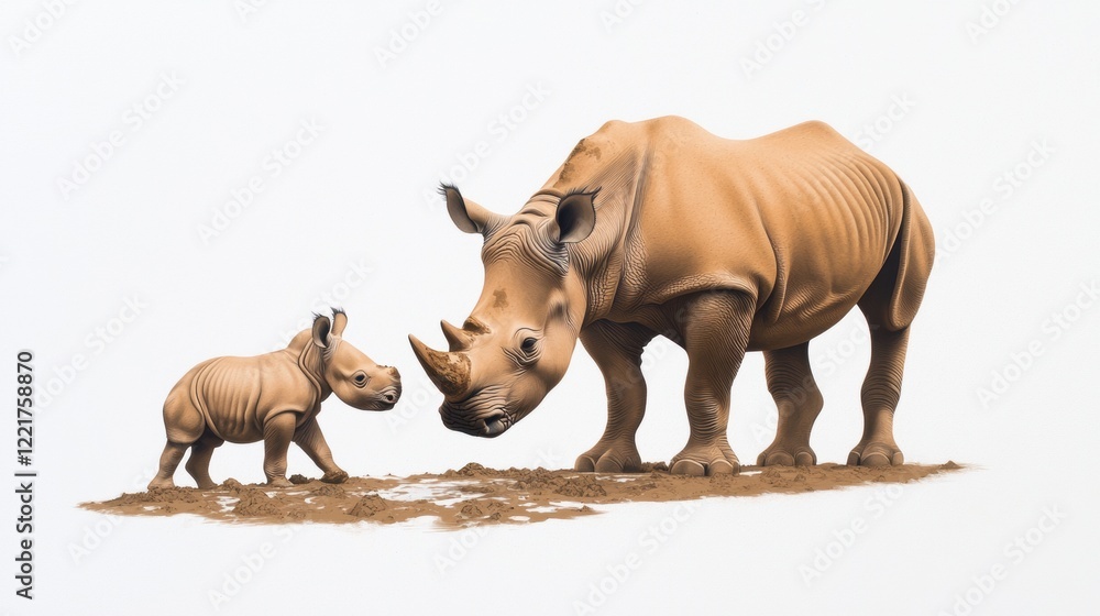 Fototapeta premium Playful Baby Rhinoceros and Mother in High Fidelity Crosshatch Art