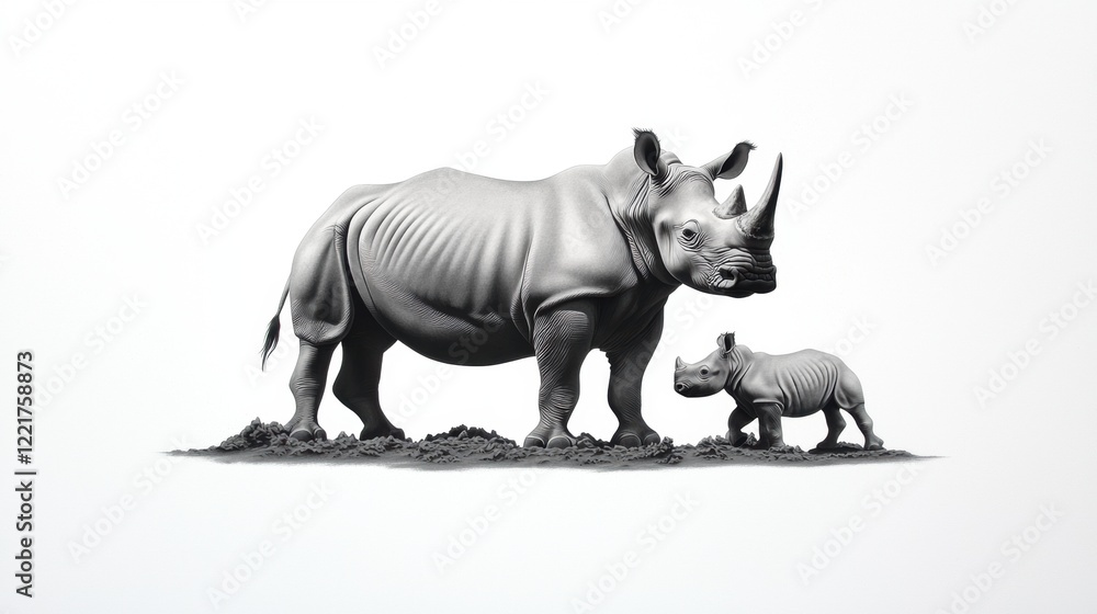 Obraz premium Crosshatch Art of Baby Rhinoceros Playing in the Mud High Fidelity