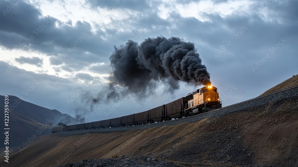 Fototapeta premium Vintage locomotive billowing smoke travels through rugged terrain under dramatic sky, showcasing the power of steam engines in stunning landscape