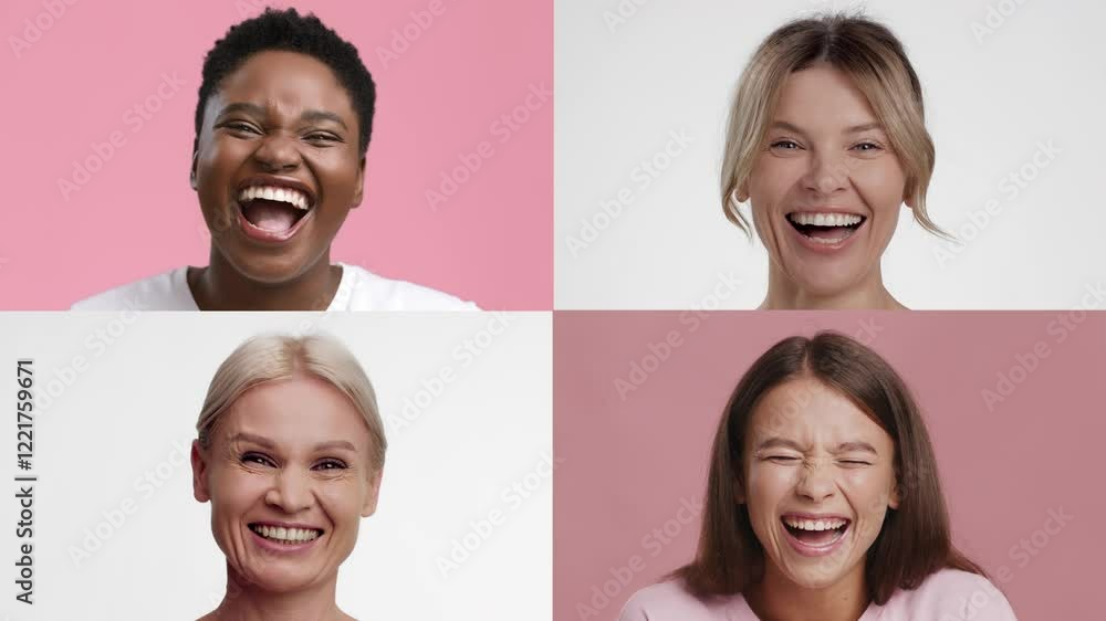 A vibrant collection showcases four individuals, each displaying genuine joy and laughter against a soft pink backdrop, capturing a moment of pure happiness and connection. A vibrant collection showcases four individuals, each displaying genuine joy and laughter against a soft pink backdrop, capturing a moment of pure happiness and connection.