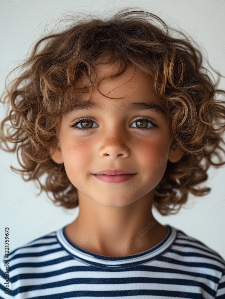 Innocent Gaze: A young child with captivating curly brown hair and big, expressive brown eyes, gazes directly at the camera with a soft smile. Innocent Gaze: A young child with captivating curly brown hair and big, expressive brown eyes, gazes directly at the camera with a soft smile.