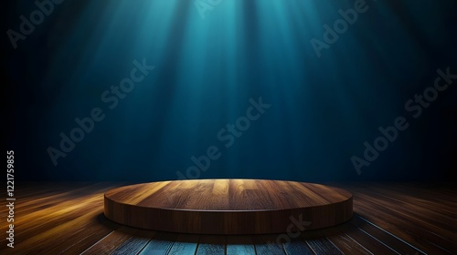 A polished wooden podium on a wooden floor, with soft beams of light highlighting the edges and a deep, rich blue backdrop providing contrast