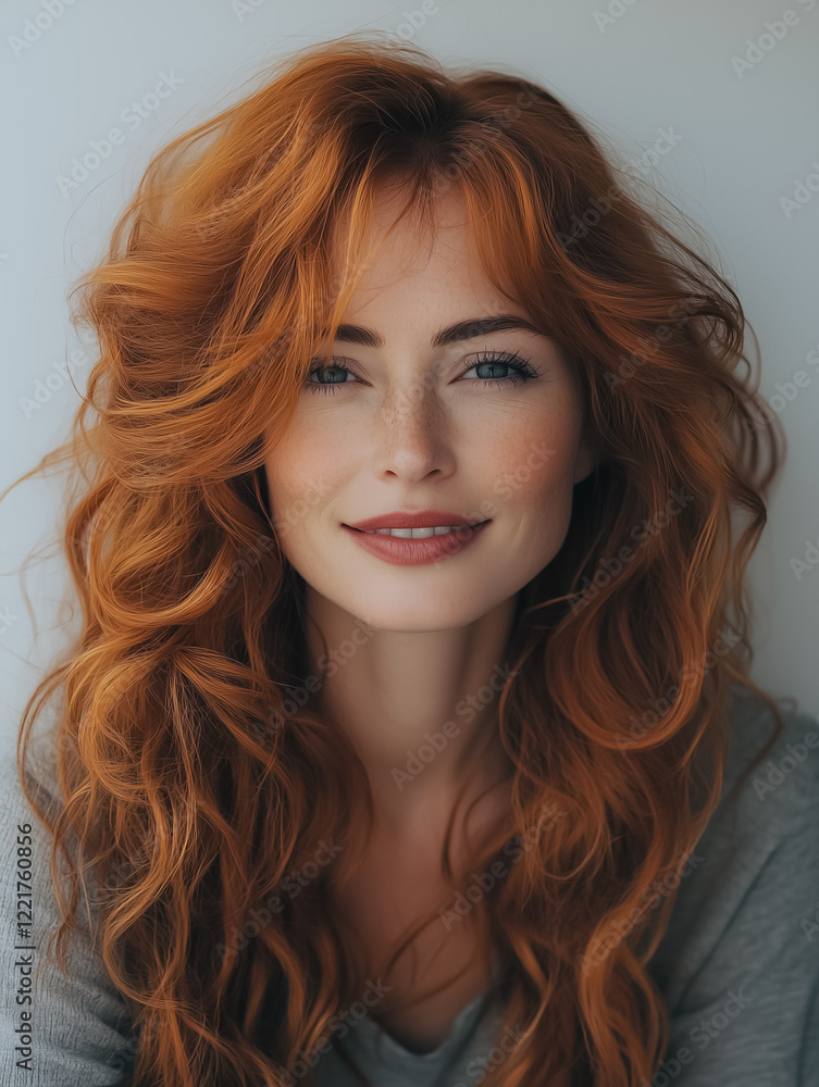 Redhead Beauty Portrait: A captivating portrait of a woman with luxurious, long, wavy auburn hair and a gentle smile. Her radiant beauty is highlighted by soft, natural makeup and a simple grey top. Redhead Beauty Portrait: A captivating portrait of a woman with luxurious, long, wavy auburn hair and a gentle smile. Her radiant beauty is highlighted by soft, natural makeup and a simple grey top.