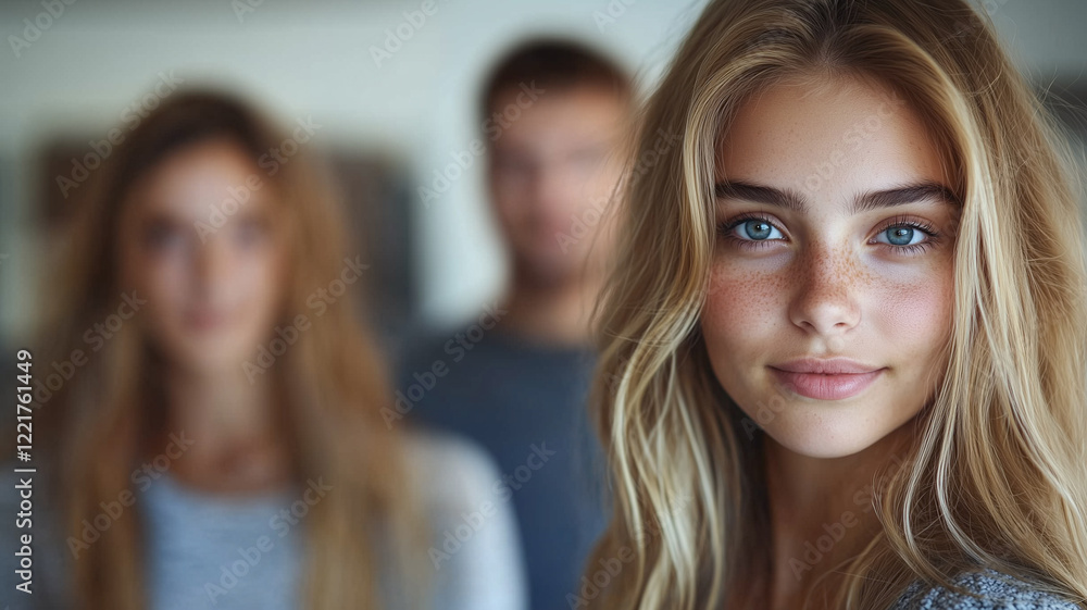Fototapeta premium Close-up portrait of a young woman with blonde hair and blue eyes