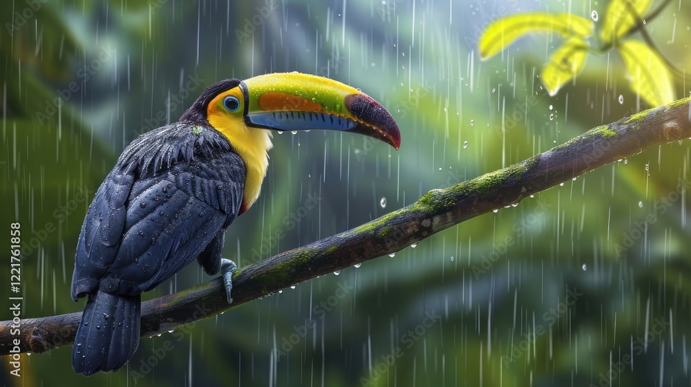 Obraz premium Chesnut mandibular Toucan large-beaked bird sitting on a branch in tropical rain, AI generated image