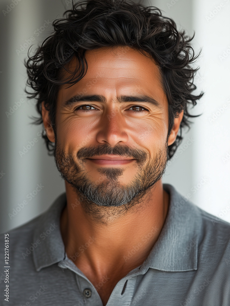 Obraz premium Smiling Man Portrait: A close-up portrait of a charismatic middle-aged man with a warm, genuine smile. His dark, curly hair and well-groomed beard frame a friendly and approachable face.