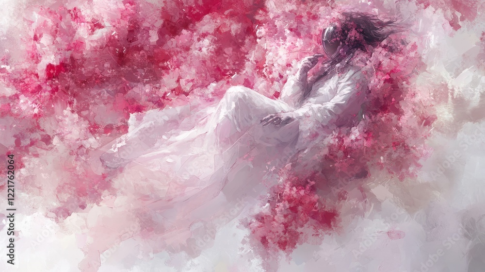 Fototapeta premium Serene Astronaut Rests Amidst Pink Blossoms