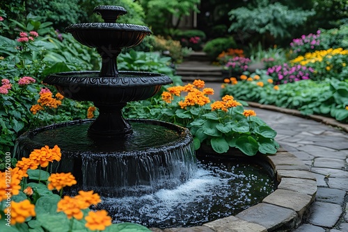 Garden Fountain Surrounded By Vibrant Orange Flowers