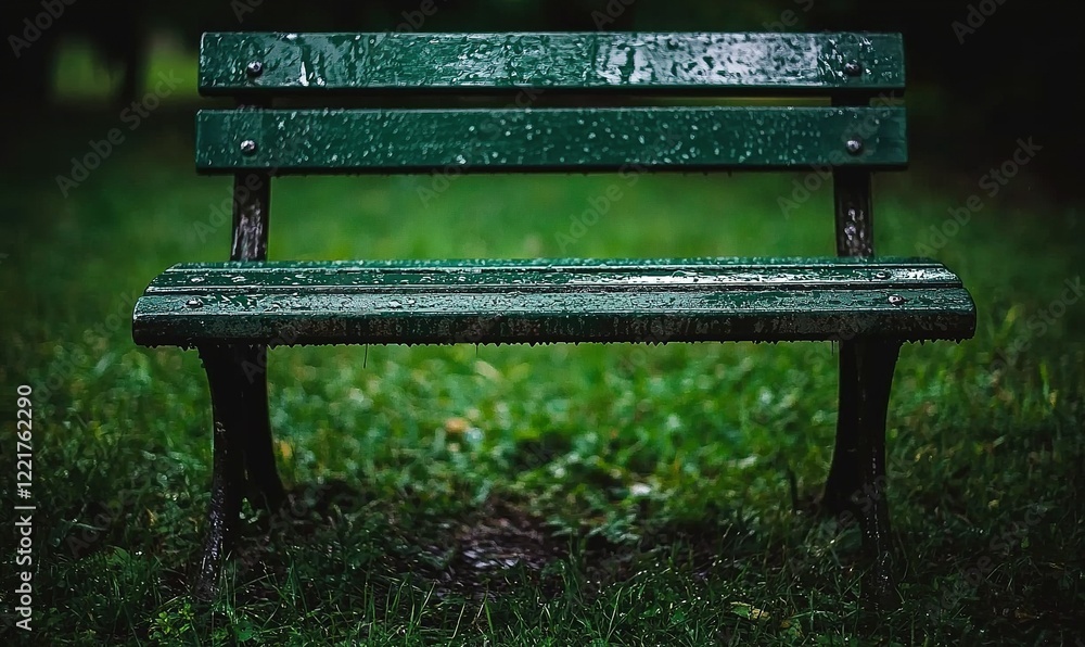 Empty green park bench after rain, lush grass background, relaxation concept Empty green park bench after rain, lush grass background, relaxation concept