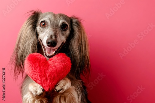 Cute afghan hound dog with fluffy red heart - sign of love, funny greeting card. Afghan hound - my treasured dog. Promotion conceptual art. Puppy cuddles. Cute valentine's pet moments. photo