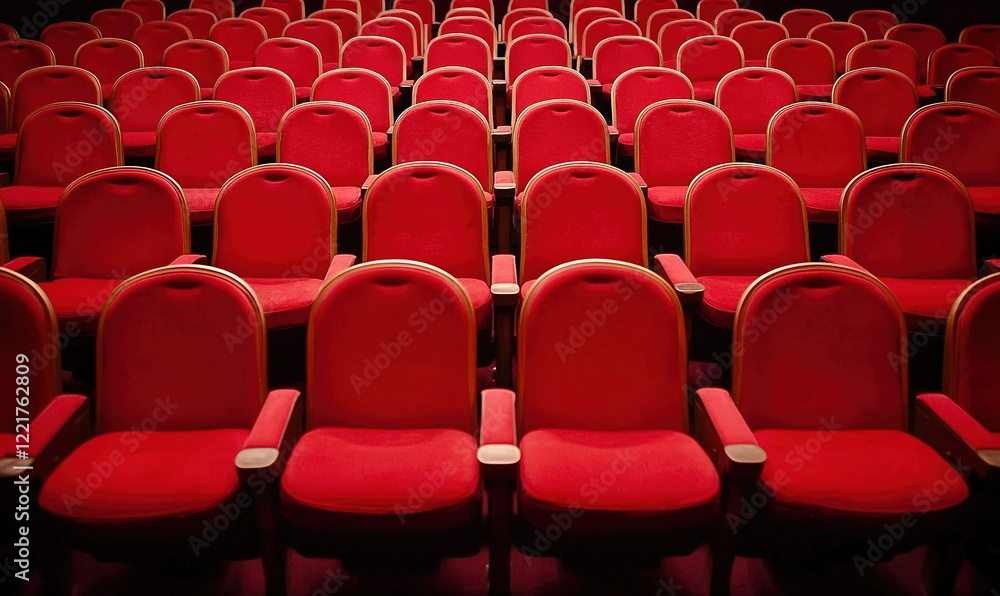 Fototapeta premium Empty red theater seats rows in auditorium, performance expectation